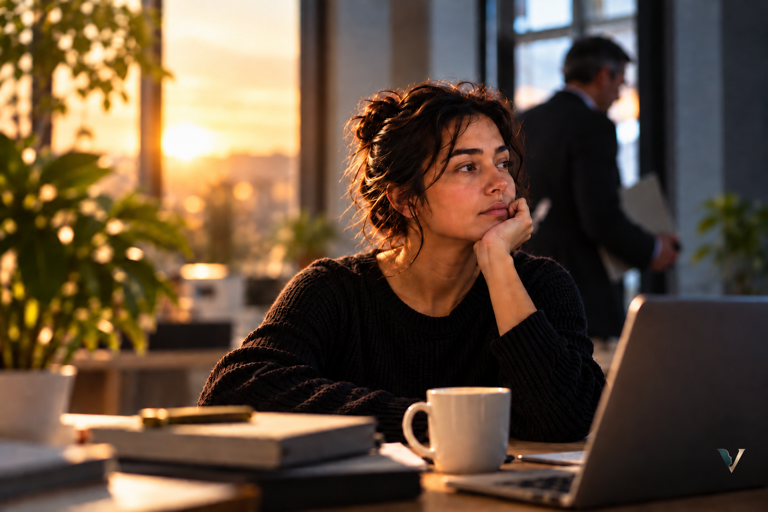 Mulher refletindo no trabalho enquanto adia uma conversa difícil, com elementos visuais que contrastam o planejamento de domingo e as dificuldades encontradas durante a semana.