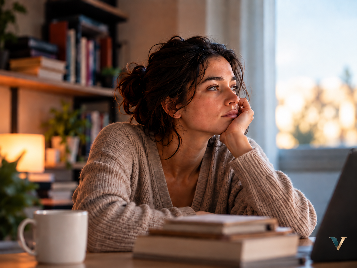 Mulher pensativa diante do notebook e de materiais de trabalho, em uma pausa que sugere a distância entre compreender uma decisão e conseguir colocá-la em prática.