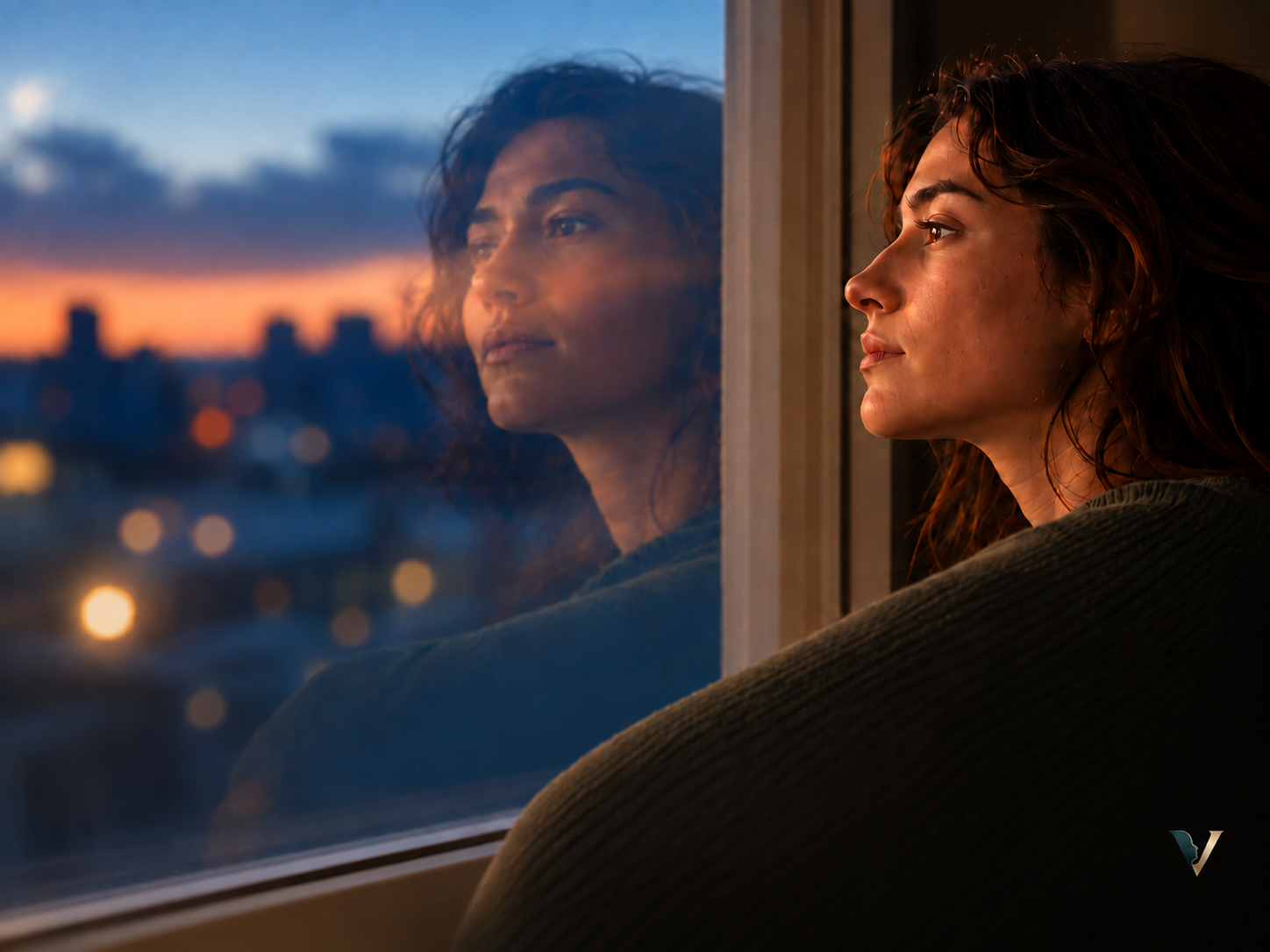 Mulher observa a cidade pela janela ao entardecer, com o próprio reflexo no vidro, em uma cena de observação e reflexão sobre padrões de comportamento.