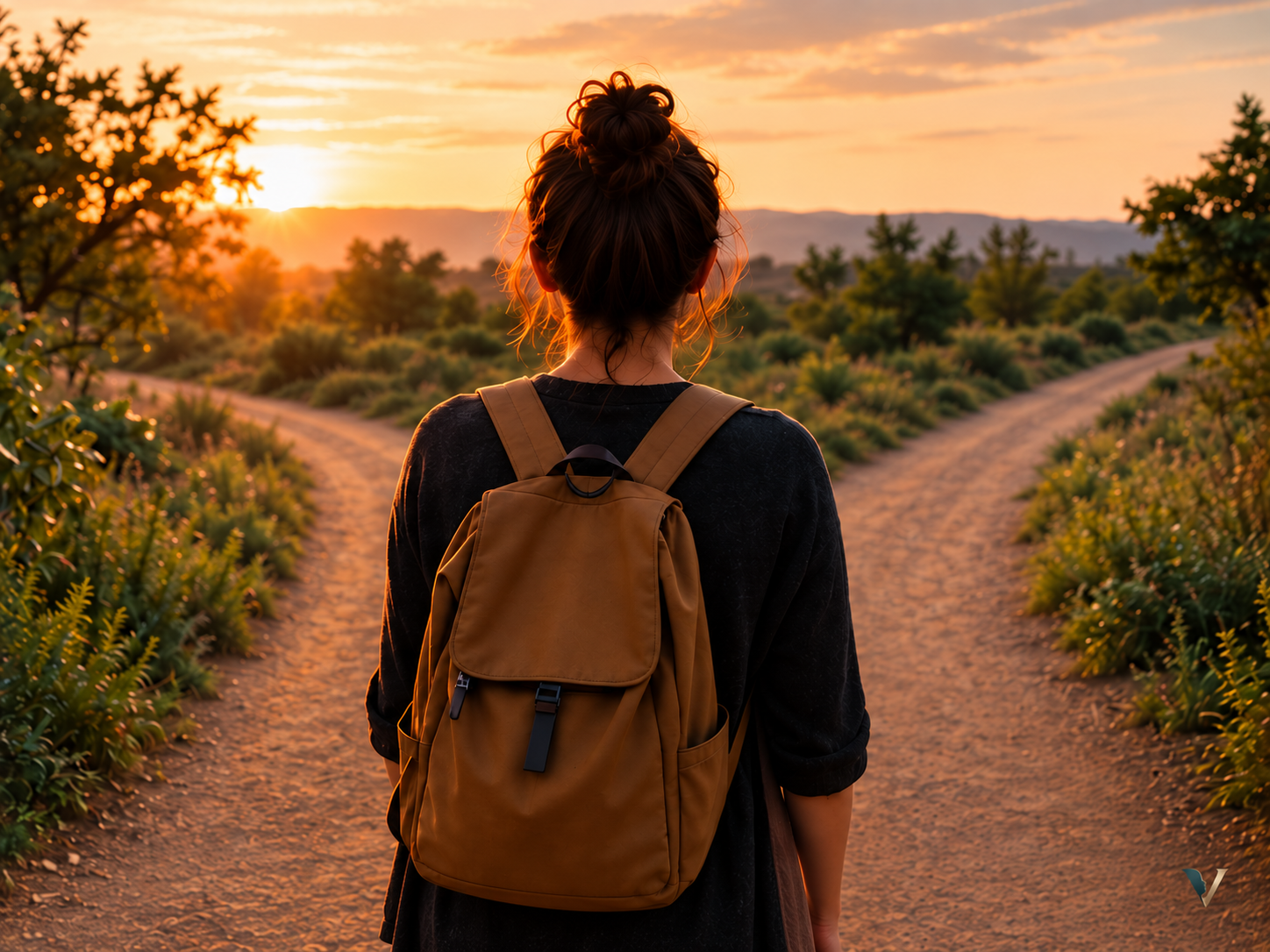 Pessoa diante de uma bifurcação em um caminho ao pôr do sol, imagem usada para representar possibilidades diferentes de resposta sem sugerir que a mudança depende apenas de uma escolha.