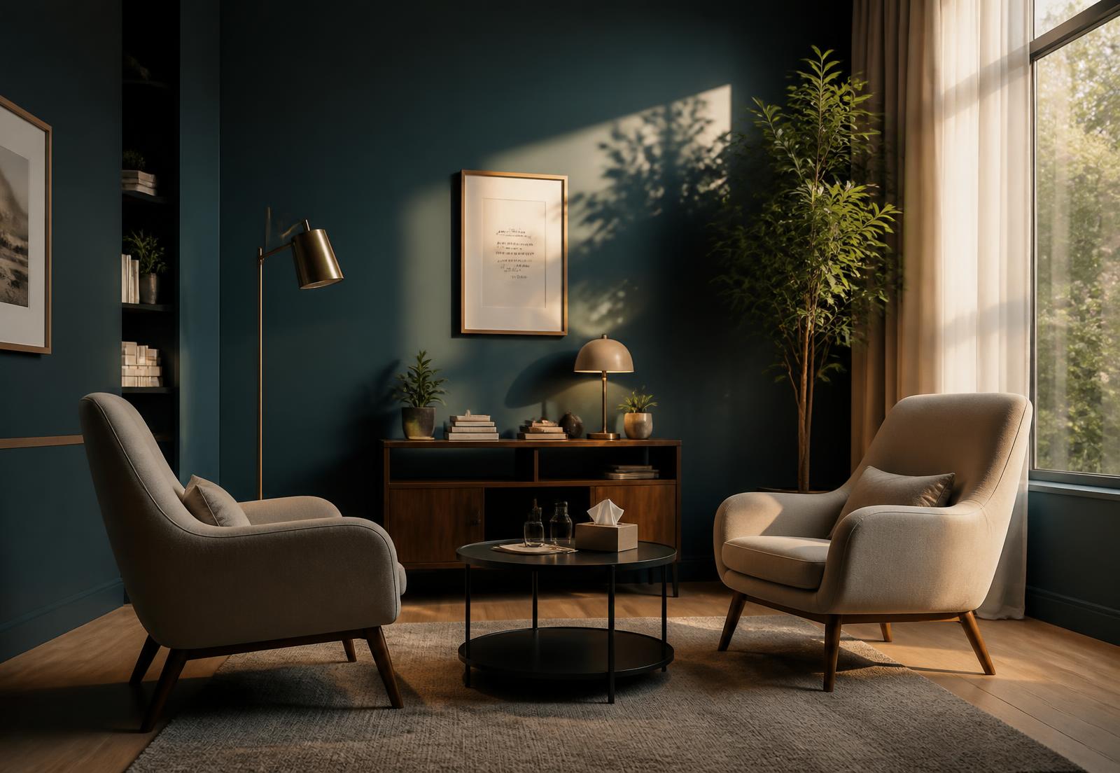 Sala de atendimento contemporânea com duas poltronas e luz natural